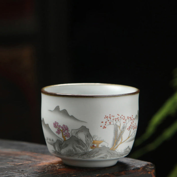 Buddha Stones Loquat Lychee Snow Scenery Landscape Grape Apple Ceramic Teacup Kung Fu Tea Cup - Landscape 6.5cm*5.5cm*130ml - image 7