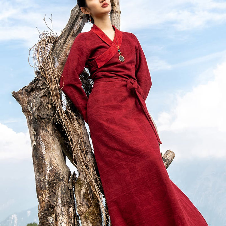 Buddha Stones Tibetan Dress Clothing Lhasa Long Wrap Dress Maxi Dress Women Clothing - Red (auspicious cloud pattern) - US8-10，UK/AU12-14，EU40-42 (XL) - image 0