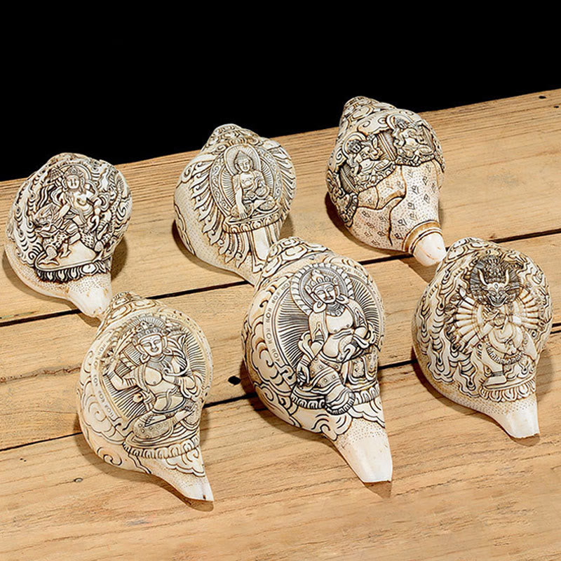 Tibetan Handmade Engraved Shankha Buddha Avalokitesvara Conch Shell Wealth Decoration - image 3