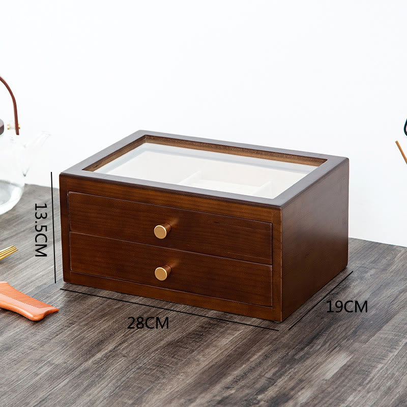 Buddha Stones Retro Solid Wood Jewelry Box Jewelry Storage Box With Drawer - Two Layers Dark Color 28*19*13.5cm - image 5