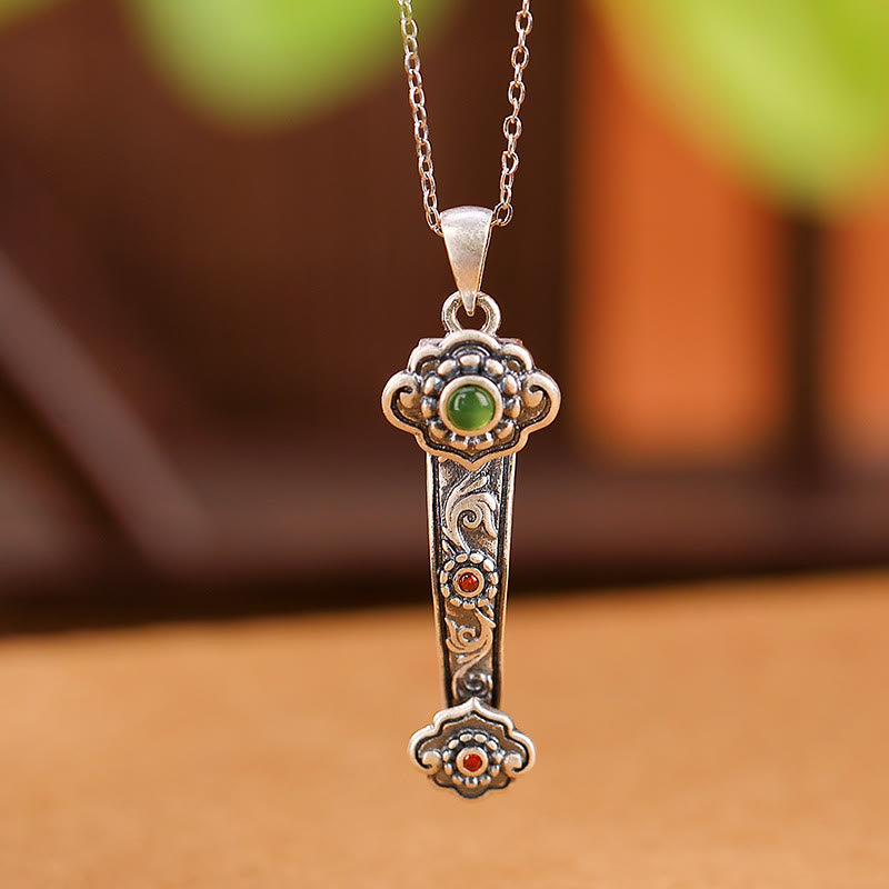 Buddha Stones 925 Sterling Silver Red Agate Cyan Jade Auspicious Clouds Ruyi Handle Blessing Necklace Pendant - image 8