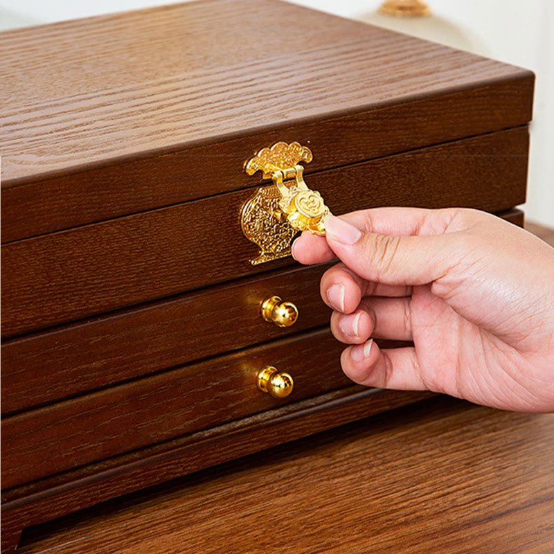 Buddha Stones Retro Wooden Jewelry Box Three-Layer Jewelry Storage Box - image 8