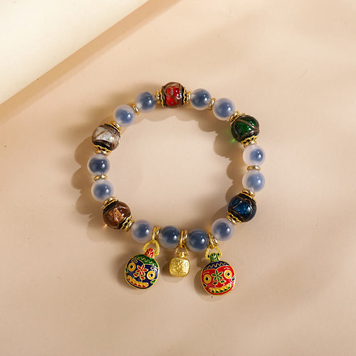 Buddha Stones Colorful Candy Agate Gold Swallowing Beast Family Liuli Glass Bead Strength Bracelet - White Blue Candy Agate - image 6