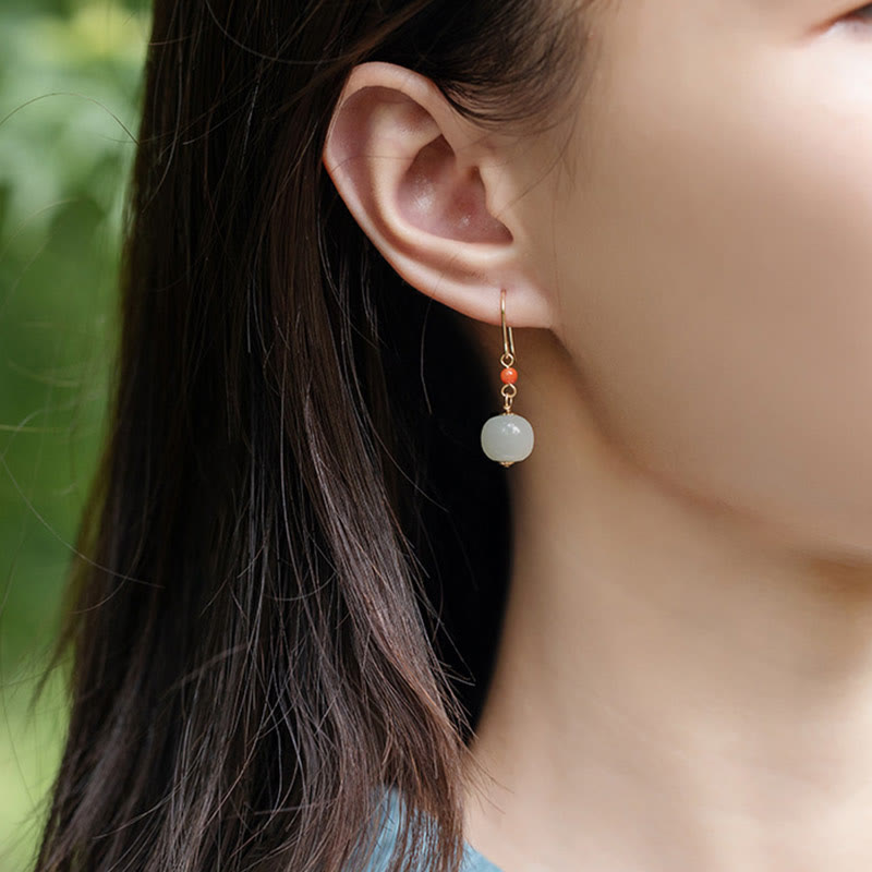 Buddha Stones 925 Sterling Silver 14K Gold Plated Hetian Jade Red Agate Luck Drop Dangle Earrings - image 6