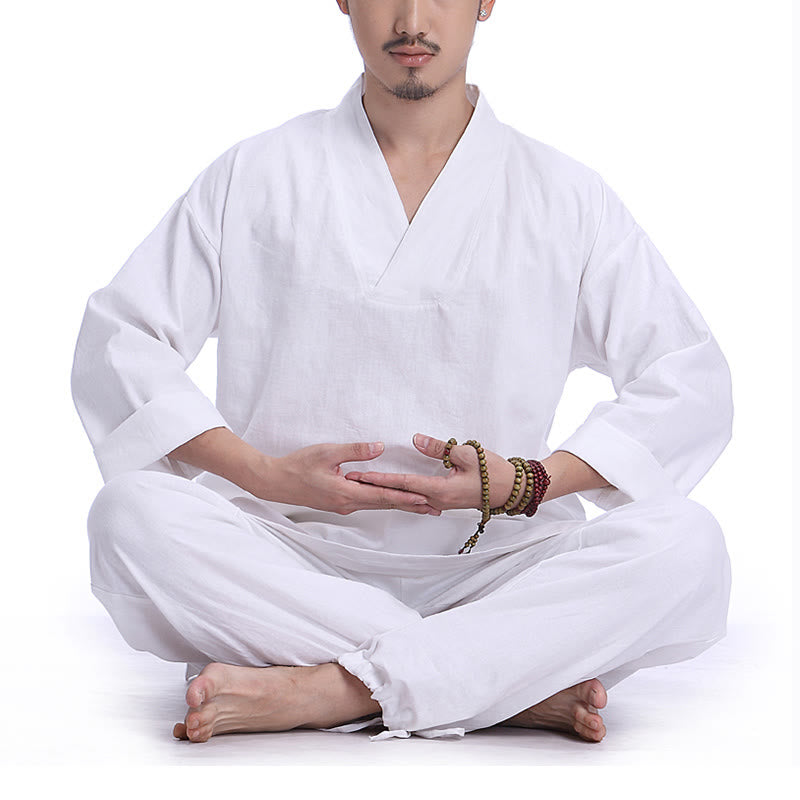 Buddha Stones Meditation Prayer V-neck Design Cotton Linen Spiritual Zen Practice Yoga Clothing Men's Set - White - US/UK/AU44，EU54 (3XL) - image 14