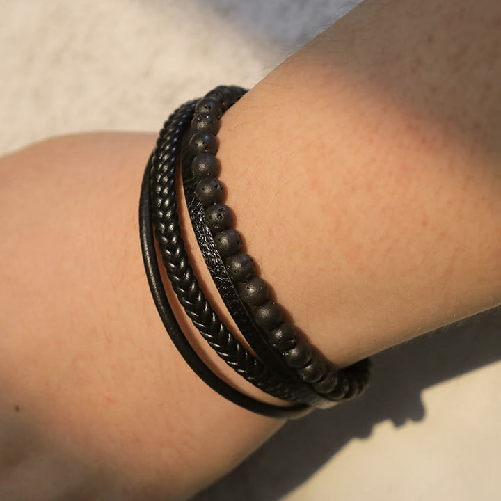 Buddha Stones Natural Lava Rock Black Onyx Bead Leather Bracelet - image 6