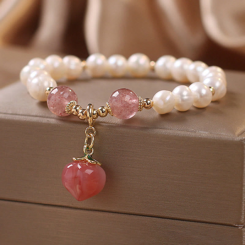 Buddha Stones Natural Pearl Strawberry Quartz Peach Love Heart Wisdom Charm Bracelet - image 6