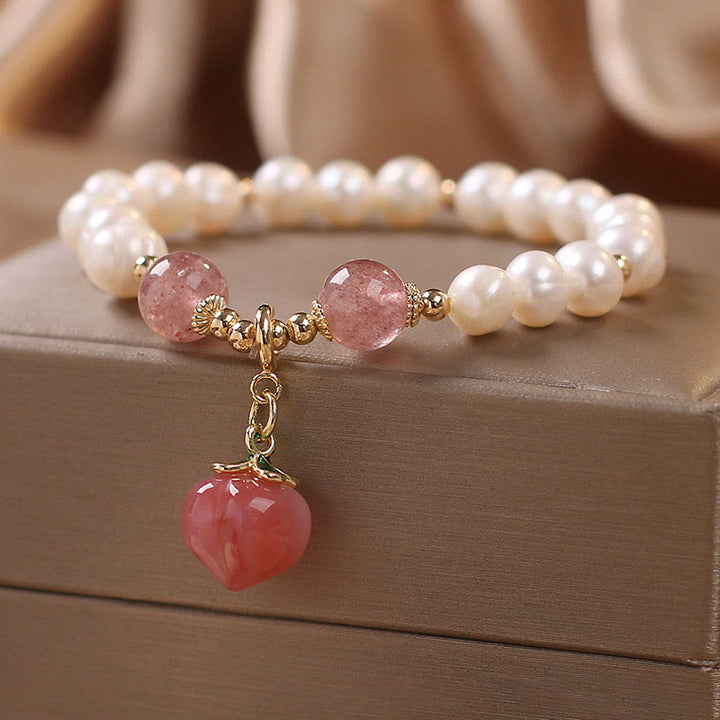 Buddha Stones Natural Pearl Strawberry Quartz Peach Love Heart Wisdom Charm Bracelet - image 6