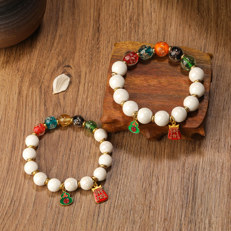 Buddha Stones Tibetan Incense Ash Porcelain Luminous Fluorescent Liuli Glass Bead Gourd Copper Coin Charm Peace Bracelet - image 1