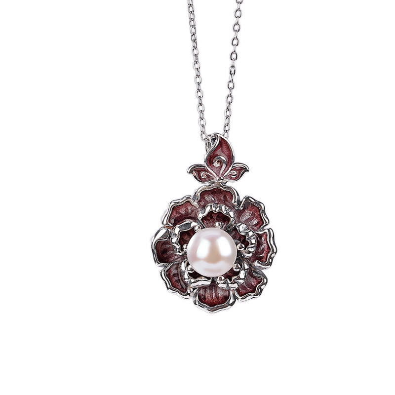 Buddha Stones 999 Sterling Silver Peony Flower Pearl Healing Necklace Pendant - image 6