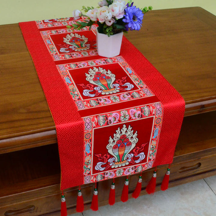 Buddha Stones Prayer Altar Mat Man-Bcu Kalachakra Endless Knot Vajra Tibetan Auspicious Symbols Tassels Table Runner - The Chintamani Jewel - Red - 190*33cm - image 18