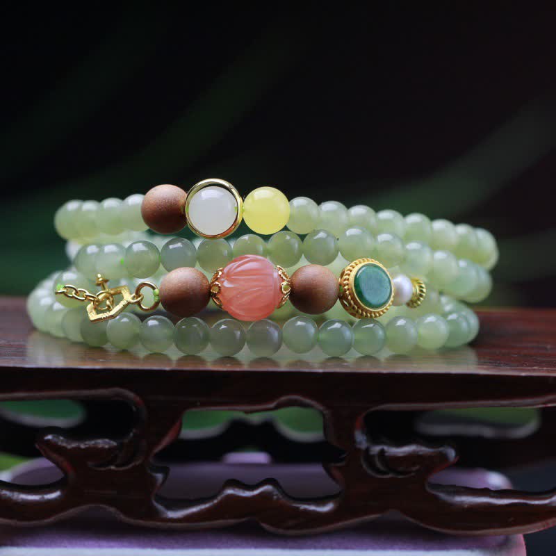 Buddha Stones Natural Hetian Jade Amber Lotus Red Agate Luck Abundance Bracelet - Hetian Jade ( Protection ♥ Happiness) - image 0