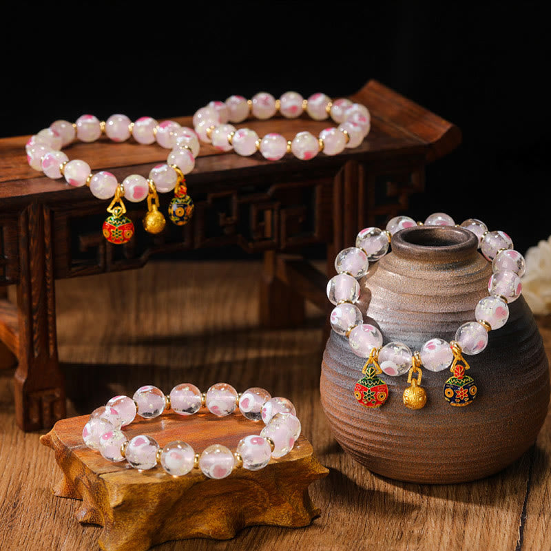 Buddha Stones Gold Swallowing Beast Family Charm Luminous Pink Love Heart Fluorescent Liuli Glass Bead Blessings Bracelet - image 0