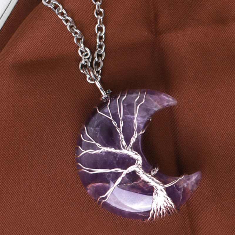 Buddha Stones Natural Quartz Crystal Moon Tree Of Life Healing Energy Necklace Pendant - image 1