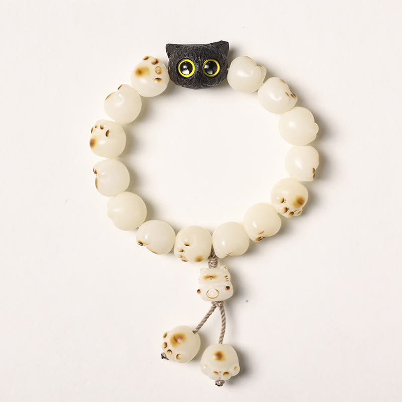 Buddha Stones Natural Bodhi Seed Lovely Paw Ebony Wood Lucky Cat Wisdom Bracelet - White Bodhi Seed - Tassel Version(Wrist Circumference 14-15cm) - image 17