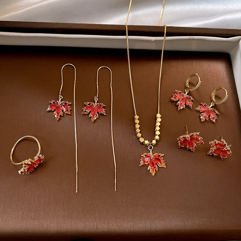 Buddha Stones Maple Leaf Zircon Luck Necklace Pendant Ring Earrings - Set (Stud Earrings+Round Earrings+Earrings+Ring+Necklace) - image 0