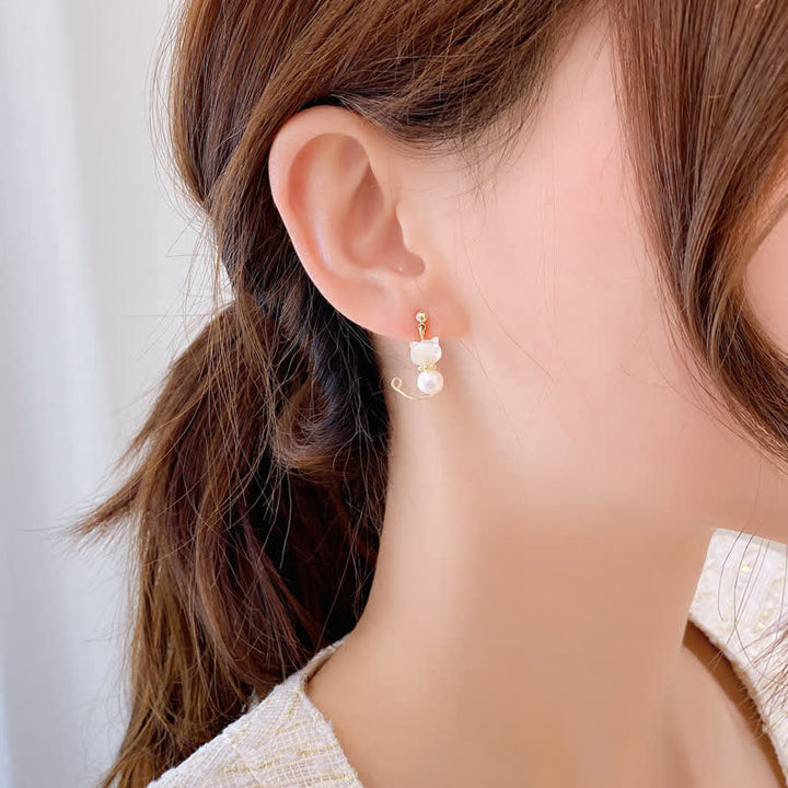 Buddha Stones Cute Cat Paw Pearl Wisdom Stud Drop Earrings - image 2
