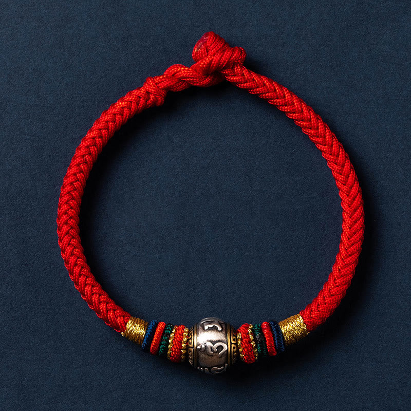 Buddha Stones 925 Sterling Silver Tibet Handmade Om Mani Padme Hum Luck Protection King Kong Knot Braided Bracelet - Colorful Version - Red - 18cm - image 5