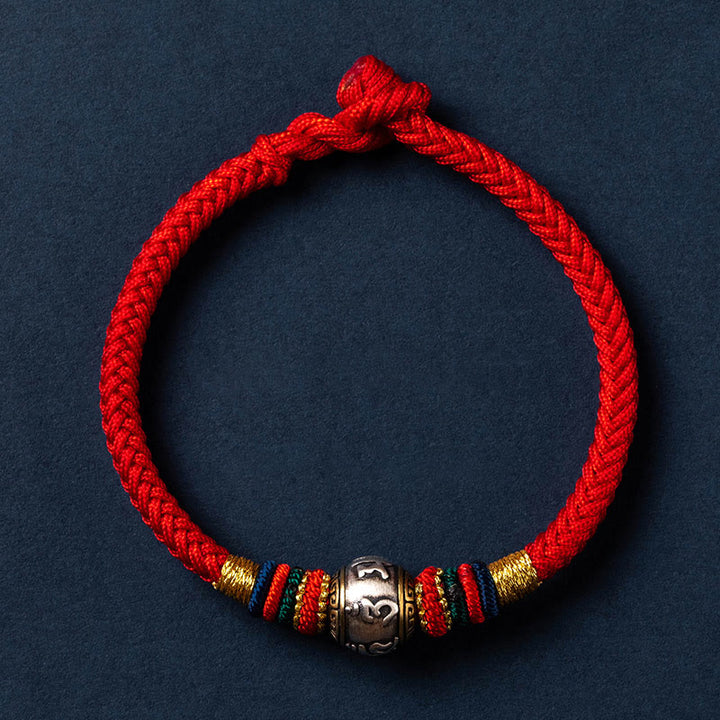Buddha Stones 925 Sterling Silver Tibet Handmade Om Mani Padme Hum Luck Protection King Kong Knot Braided Bracelet - Colorful Version - Red - 18cm - image 5