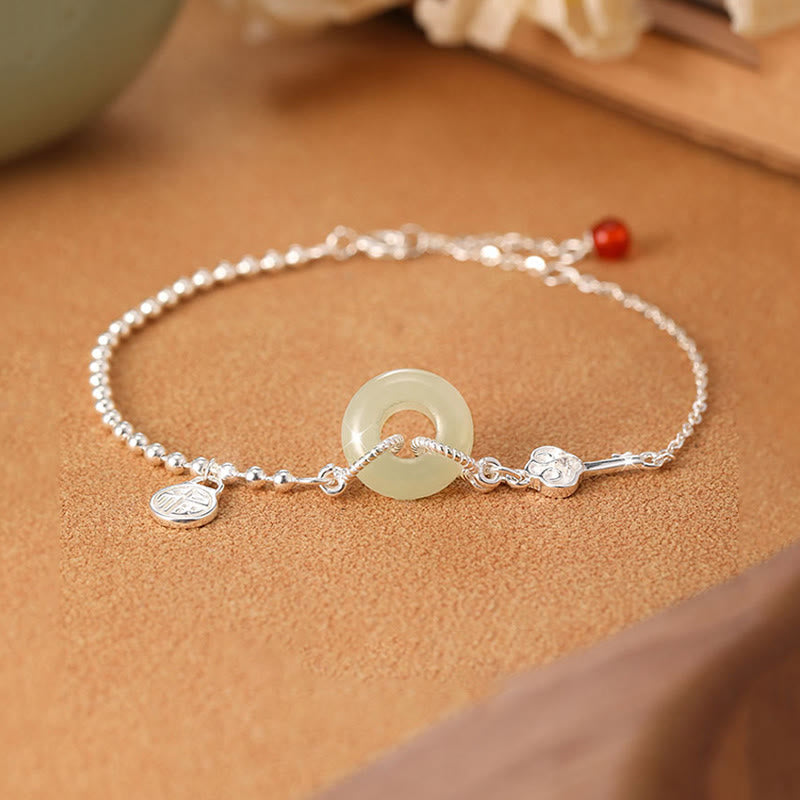 Buddha Stones 925 Sterling Silver Hetian Jade Peace Buckle Fu Character Luck Chain Bracelet - Hetian Jade(Prosperity♥Abundance)(Wrist Circumference 14-16cm) - image 0