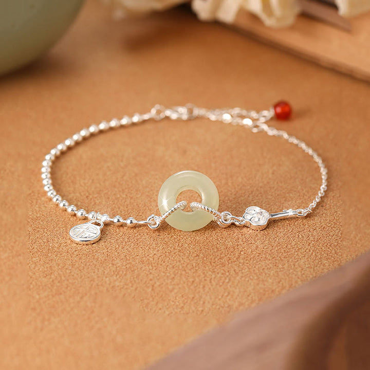 Buddha Stones 925 Sterling Silver Hetian Jade Peace Buckle Fu Character Luck Chain Bracelet - Hetian Jade(Prosperity♥Abundance)(Wrist Circumference 14-16cm) - image 0