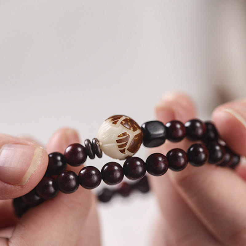 Buddha Stones Small Leaf Red Sandalwood Lotus Bodhi Seed Carved Protection Double Wrap Bracelet - image 3