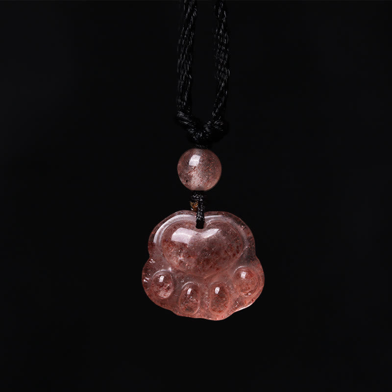 Buddha Stones Strawberry Quartz Lovely Cat Paw Claw Healing Necklace Pendant - image 1
