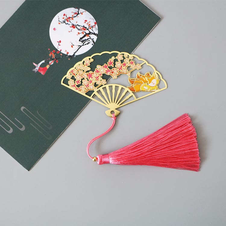 Buddha Stones Traditional Butterfly Lotus Flower Crane Dragon Phoenix Fox Koi Fish New Beginning Metal Brass Hollow Fan Bookmarks - Fox - image 9