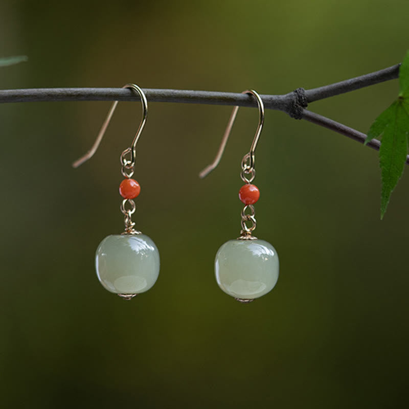 Buddha Stones 925 Sterling Silver 14K Gold Plated Hetian Jade Red Agate Luck Drop Dangle Earrings - 14K Plated Gold - Light Green Jade - image 0