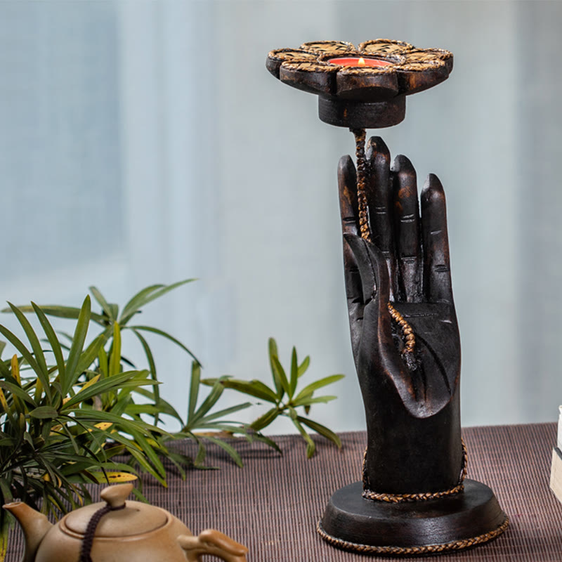 Buddha Stones Hand Pattern Wood Candlestick Home Candle Holder Decoration - image 3
