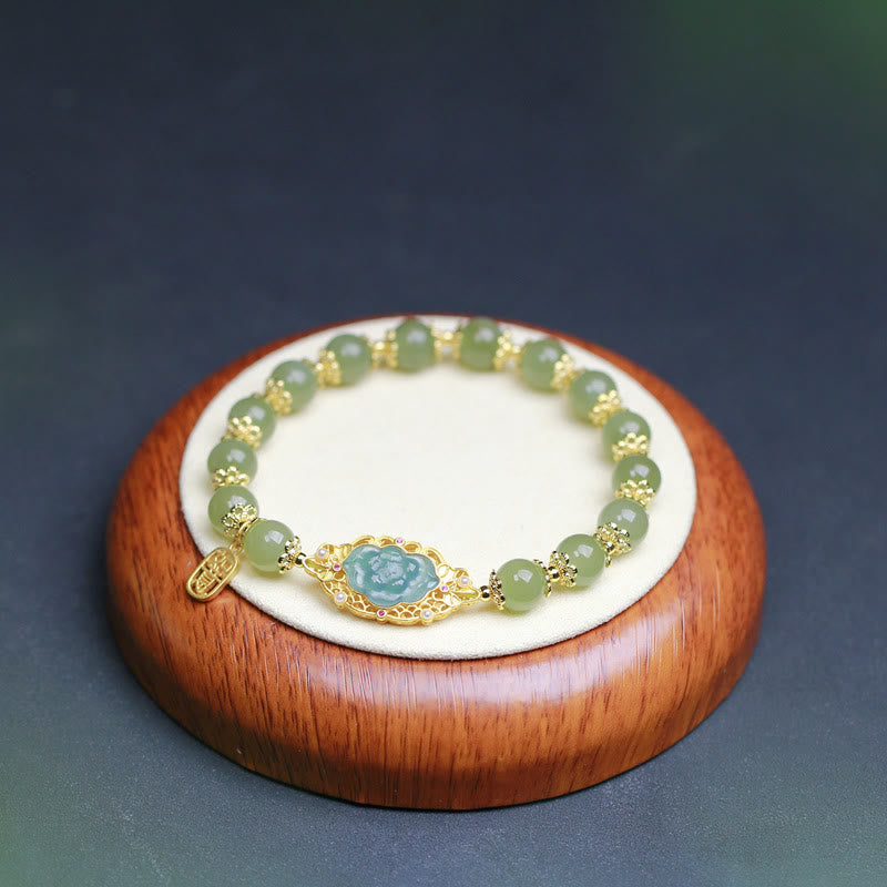 14K Gold Plated 925 Sterling Silver Hetian Jade Lotus Luck Bracelet - image 5