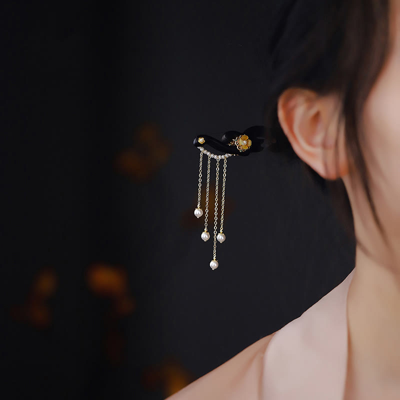 Buddha Stones Ebony Wood Yellow Flower Pearl Tassels Hairpin - image 1