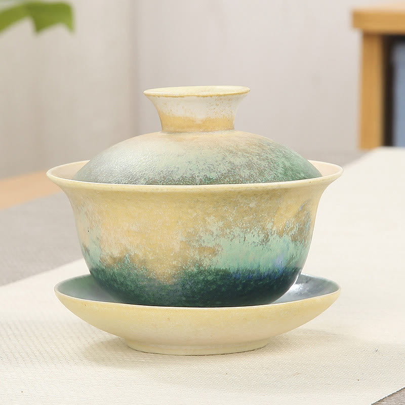 Buddha Stones Green Ocean Waves Design Porcelain Ceramic Gaiwan Sancai Teacup Kung Fu Tea Cup And Saucer With Lid - 9.5cm*8cm*150ml - image 0
