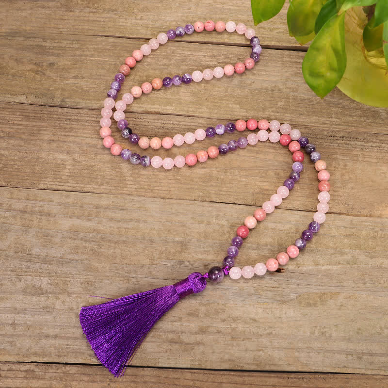 Buddha Stones 108 Mala Beads Amethyst Rose Quartz Spiritual Healing Tassel Bracelet - image 7