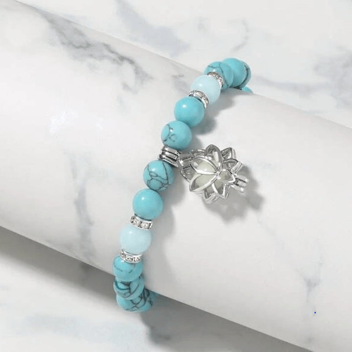 Buddha Stones Tibetan Turquoise Glowstone Luminous Bead Lotus Protection Bracelet - Dark Blue Turquoise Blue Light - image 4