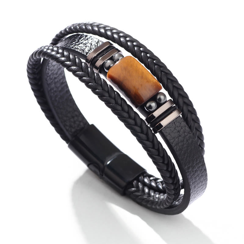 Buddha Stones Tiger Eye Power Magnetic Buckle Multilayered Leather Bracelet - One Tiger Eye Stone - 23cm - image 0