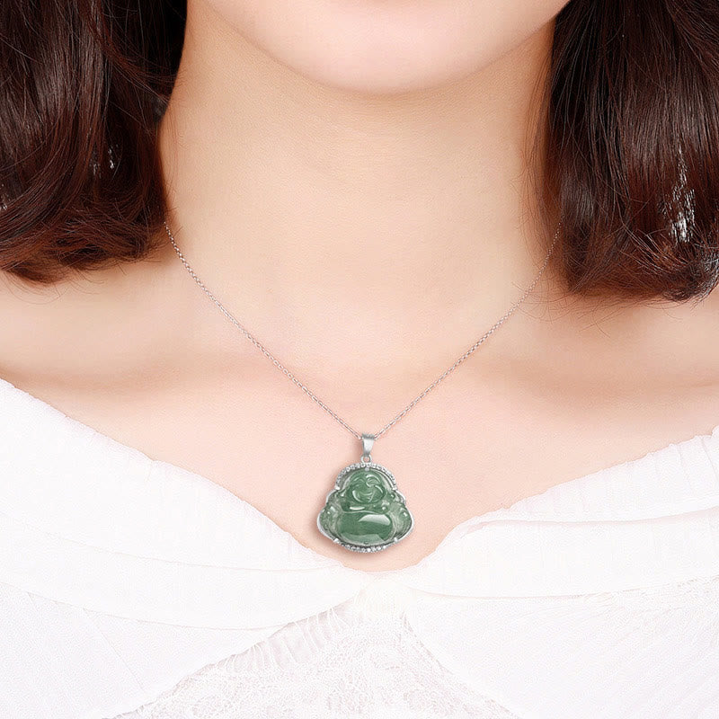 Buddha Stones Laughing Buddha Natural Jade Luck Prosperity Necklace Titanium Steel Chain Pendant - image 7