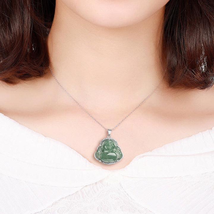 Buddha Stones Laughing Buddha Natural Jade Luck Prosperity Necklace Titanium Steel Chain Pendant - image 7
