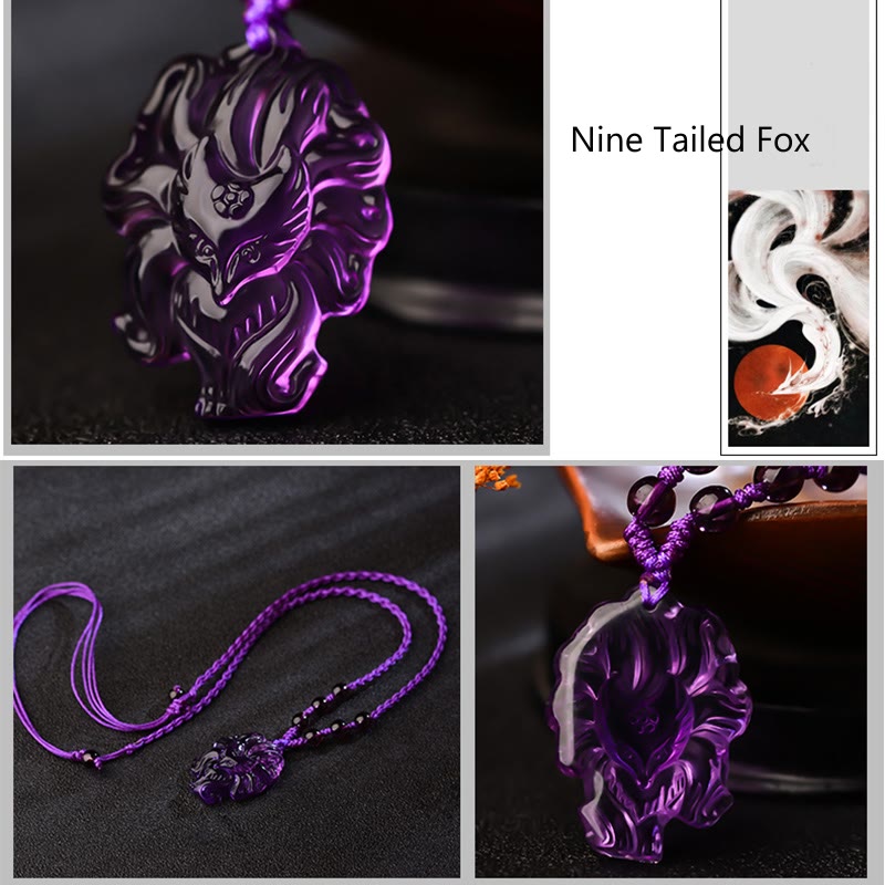 Buddha Stones Natural Amethyst White Crystal Citrine Nine Tailed Fox Luck Necklace Pendant - image 4