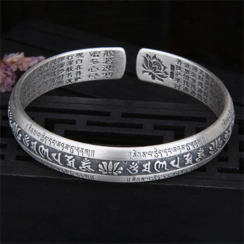Buddha Stones 999 Sterling Silver Om Mani Padme Hum Heart Sutra Lotus Peace Bracelet Bangle - image 1