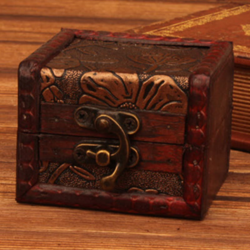 Buddha Stones Retro Small Square Wood Jewelry Box Lotus Grass Flower Grape Copper Coin Daffodil Jewelry Storage Box - image 5