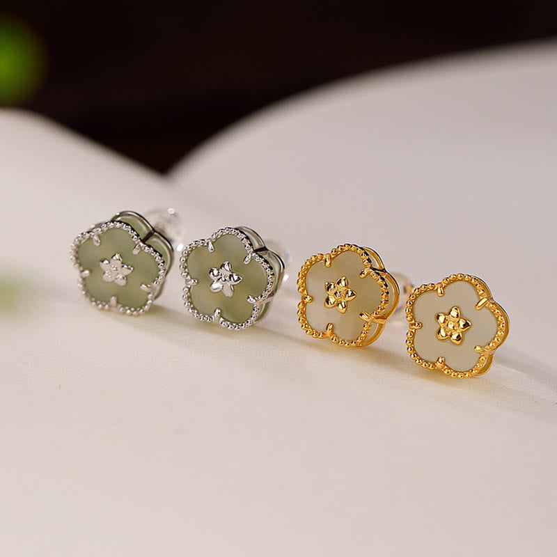 Buddha Stones 925 Sterling Silver Hetian Jade Plum Flower Luck Stud Earrings - image 0