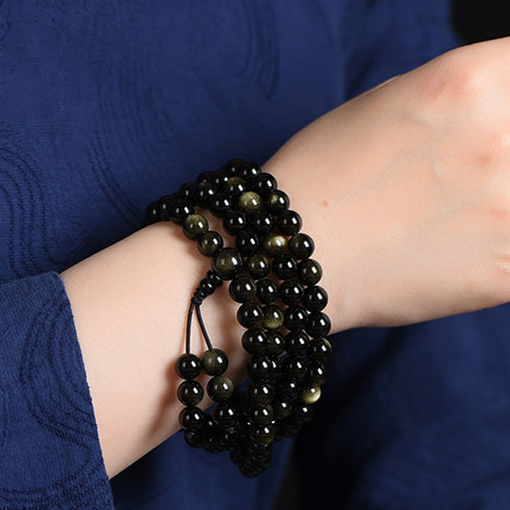 Buddha Stones 108 Mala Beads Natural Gold Sheen Obsidian Wealth Bracelet - image 6