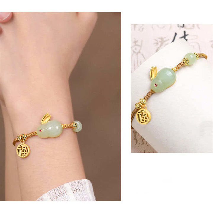 Buddha Stones Year of the Rabbit Hetian Jade Happiness Blessing Wealth String Bracelet - image 5