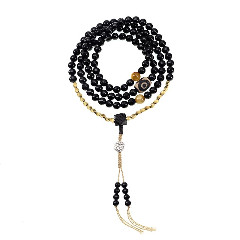 Buddha Stones Tibetan 108 Mala Beads Black Onyx Three-eyed Dzi Beads Protection Bracelet - image 18