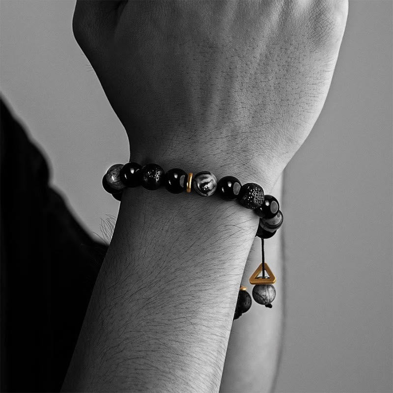 Buddha Stones Black Obsidian Lava Rock Stone Yin Yang Strength Bracelet - image 11
