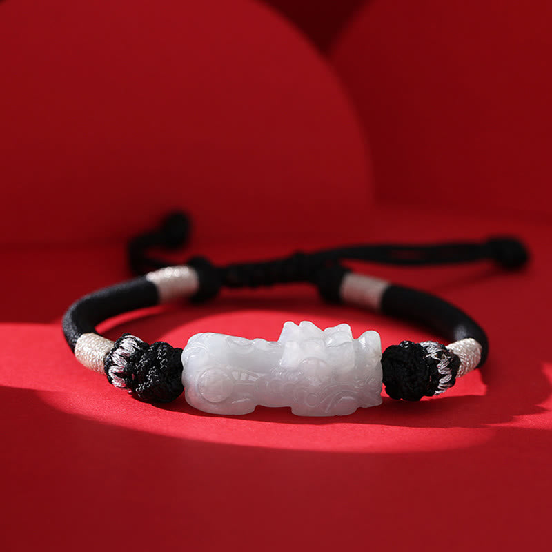 Buddha Stones Handmade Natural Jade PiXiu Luck Prosperity Braided String Bracelet - 14-26cm - image 0