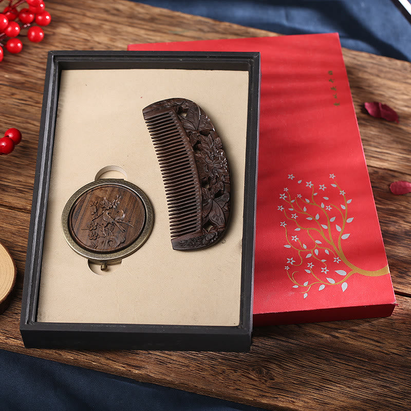 Natural Green Sandalwood Rosewood Lotus Flower Peacock Butterfly Engraved Soothing Comb - Chacate Preto Wood-Double Butterfly+Double Birds Folding Mirror - image 4