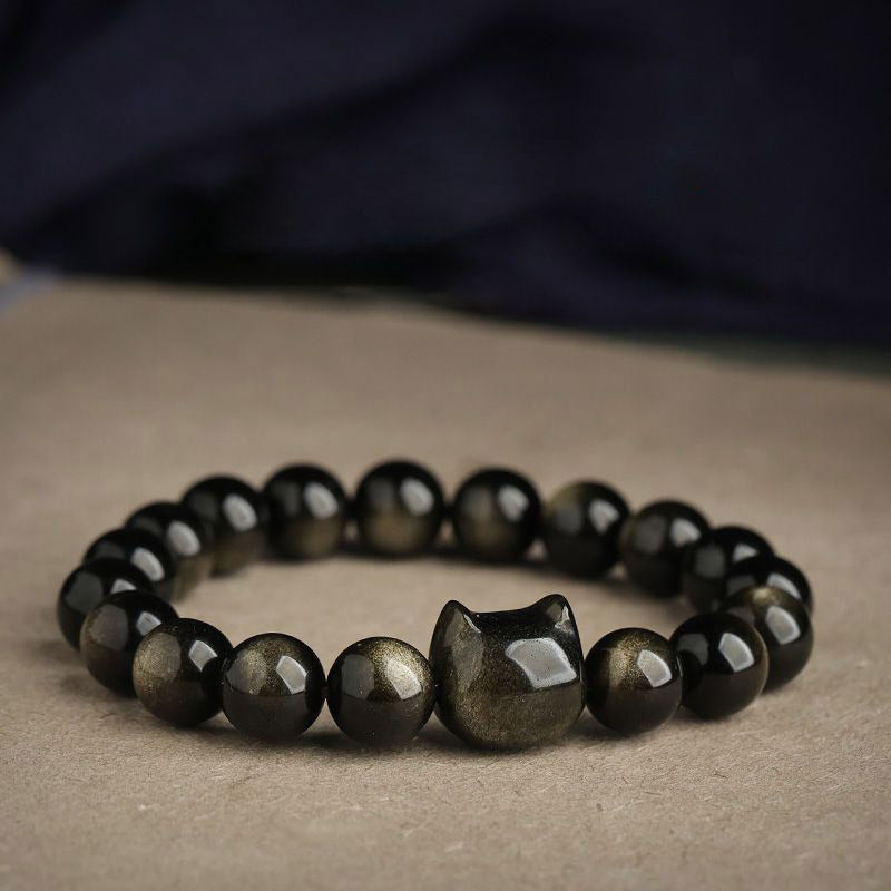 Buddha Stones Gold Sheen Obsidian Silver Sheen Obsidian Lovely Paw Lucky Cat Protection Bracelet - Gold Sheen Obsidian - Cat Head - 8mm - image 0