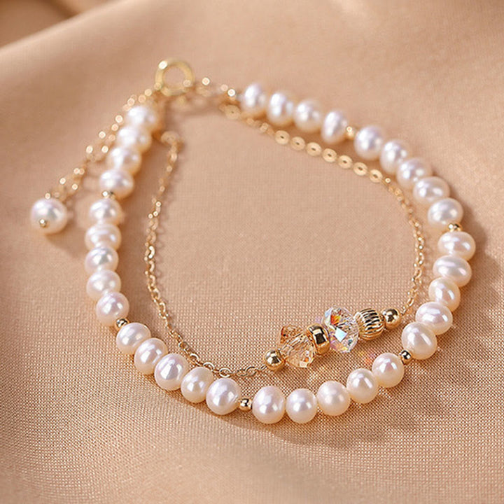 Buddha Stones 925 Sterling Silver 14K Gold Plated Natural Pearl Crystal Healing Double Layer Bracelet - image 8